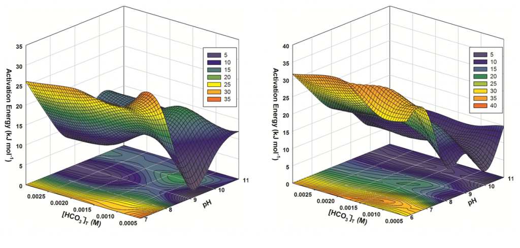 Figure 2. 3D representations of the activation energy for calcium autunite (left) and sodium autunite (right) dissolution at varying pH and concentrations of bicarbonate solutions.