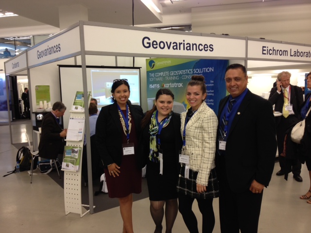 DOE Fellows Gabriela Vazquez (second from left) and Ximena Prugue (third from left) with Rosa Elmetti-Ramirez (DOE) and Leo Lagos (FIU) at the 15th ICEM Conference in Brussels, Belgium.