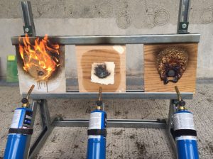 Testing resistance of fixatives and intumescent coatings to direct flame