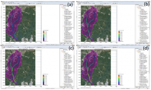 Fig 1. MIKE SHE simulation results of seasonal overland depth of water for the year 1993 indicating (a) spring, (b) summer, (c) fall, and (d) winter, overland flow simulations