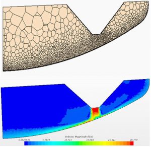 Sectional view of the computational mesh and velocity profile of jet impingement in a scaled down PJM Vessel