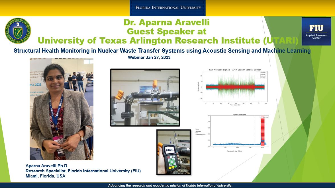 Dr. Aparna Aravelli presented her research on structural health monitoring at the University of Texas Arlington Research Institute (UTARI)