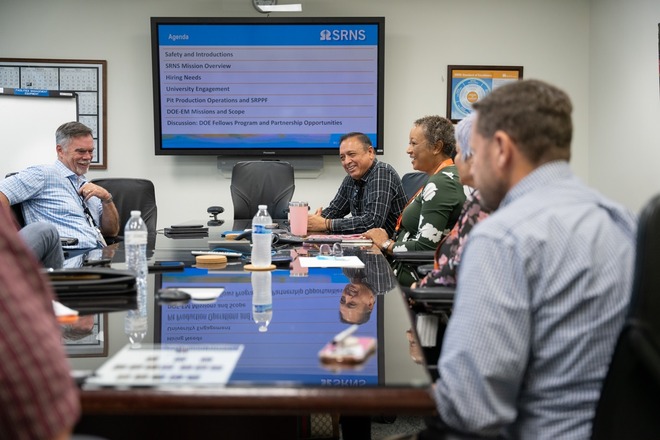 Savannah River Nuclear Solutions (SRNS) established a partnership with Florida International University in 2024 to increase the number of interns transitioning into full-service roles at the Savannah River Site. From left: SRNS Senior Vice President of Plutonium Disposition Operations and Programs Jeff Griffin, DOE Fellows Program Director Leonel "Leo" Lagos, and SRNS Talent Acquisition Manager Angela Martin.
